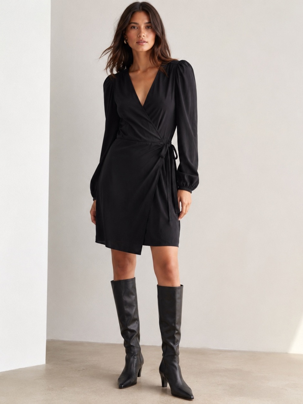 Black Wrap Mini Dress Puff Sleeve